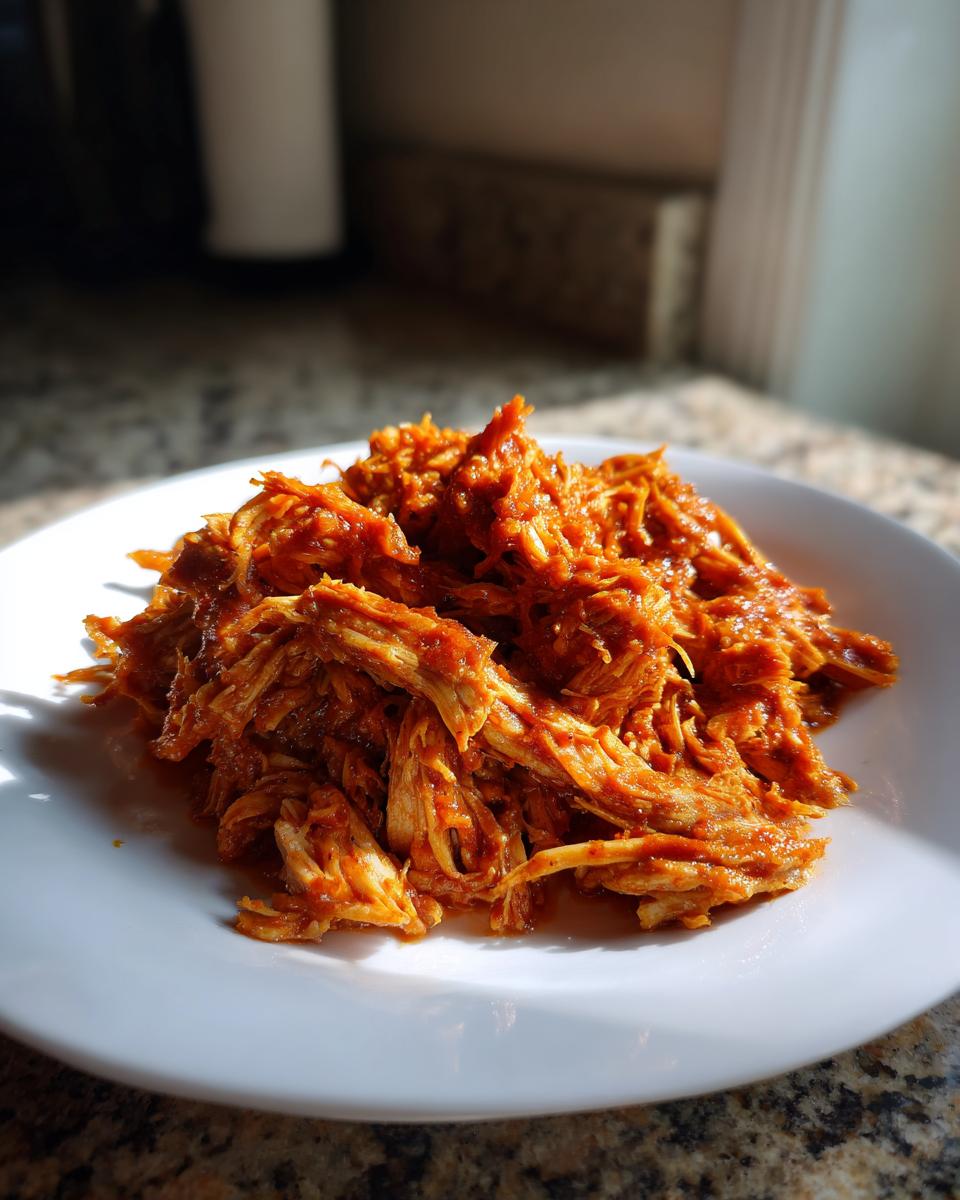 A mound of saucy, shredded chicken tinga piled high on a white plate, catching bright sunlight.