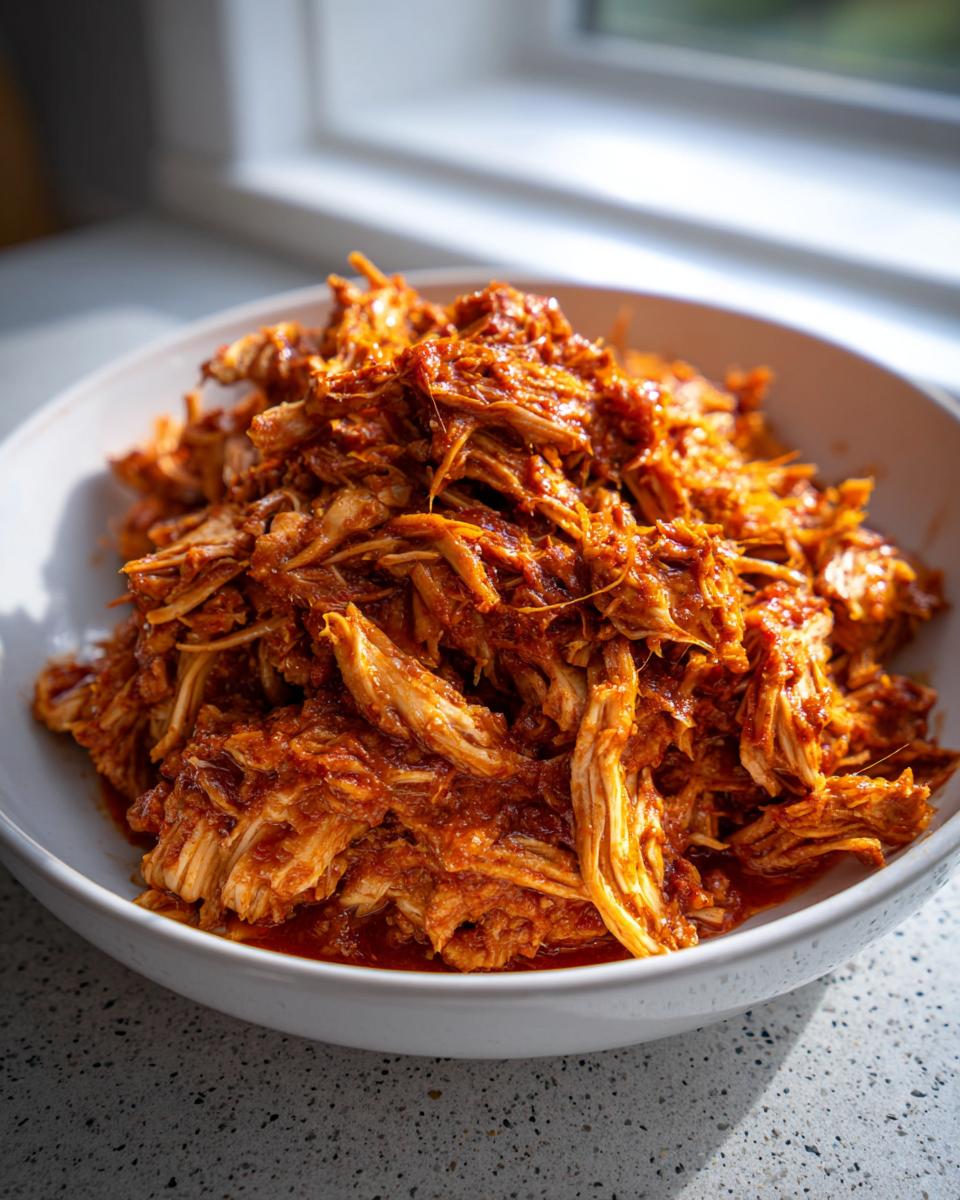 A close-up of freshly shredded chicken tinga coated in a rich, red, spicy sauce, served in a white bowl.