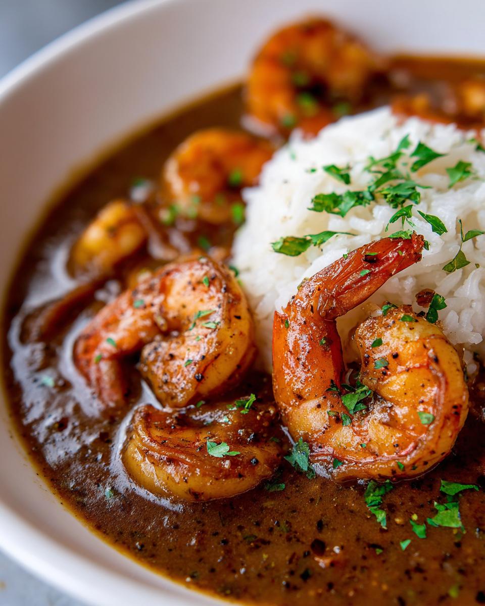 Close-up of a bowl of rich, dark brown shrimp etouffee served with a mound of white rice and garnished with parsley.