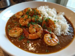 A close-up of a white bowl filled with rich brown shrimp etouffee, topped with plump shrimp and served alongside fluffy white rice.