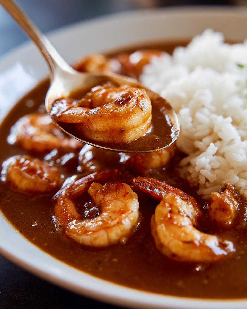 A spoonful of rich brown shrimp etouffee sauce and a perfectly cooked shrimp being lifted from a bowl next to white rice.