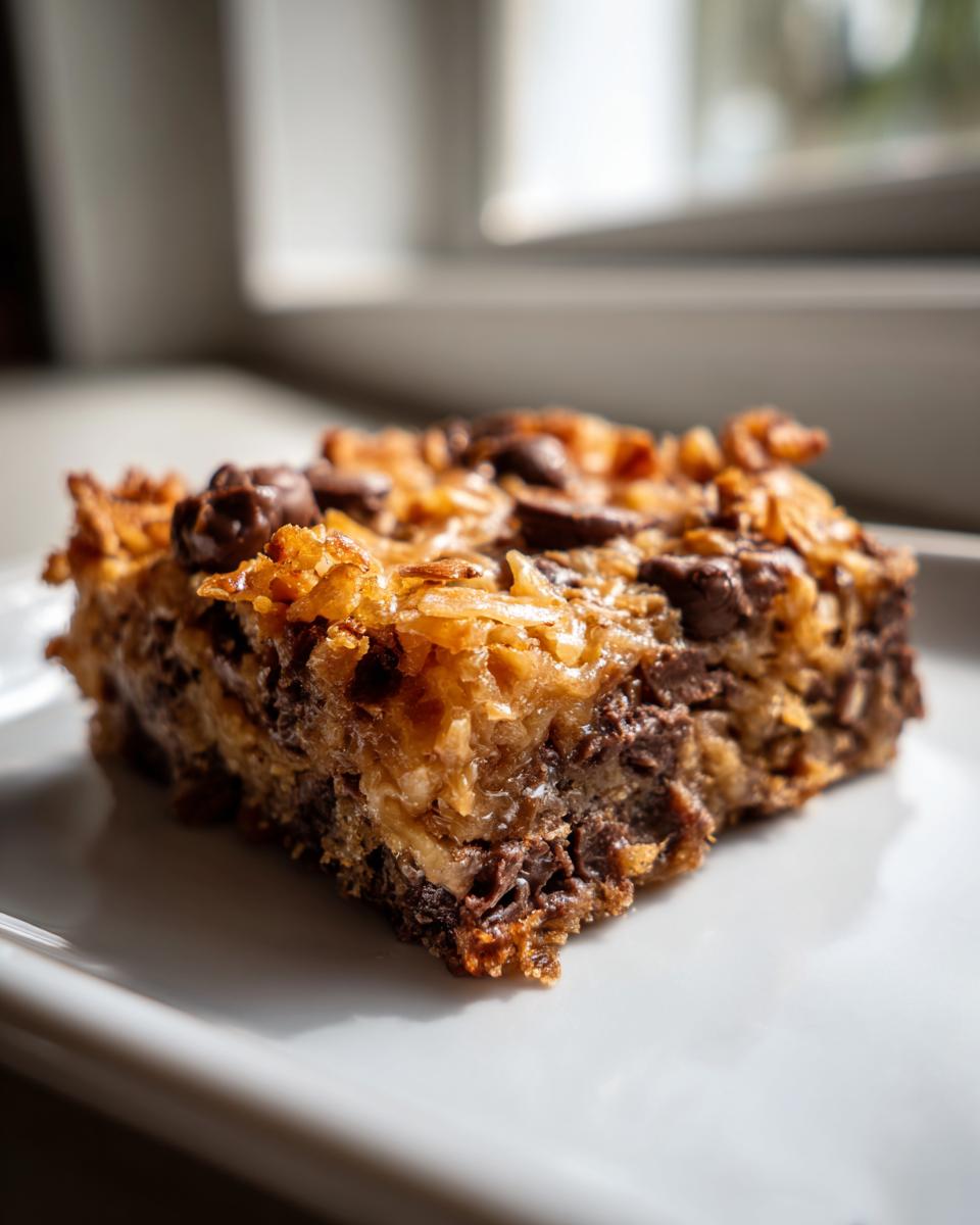 A close-up, appetizing shot of a single square of magic cookie bars showing toasted coconut and chocolate chips.