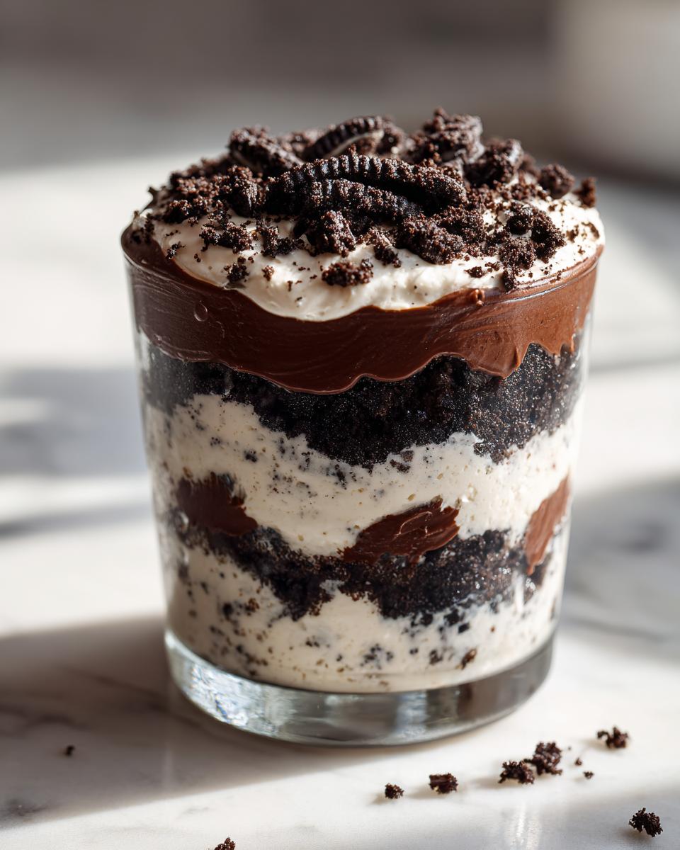 Close-up of a single-serving dirt cake layered with cream, chocolate pudding, and crushed Oreos in a clear glass.