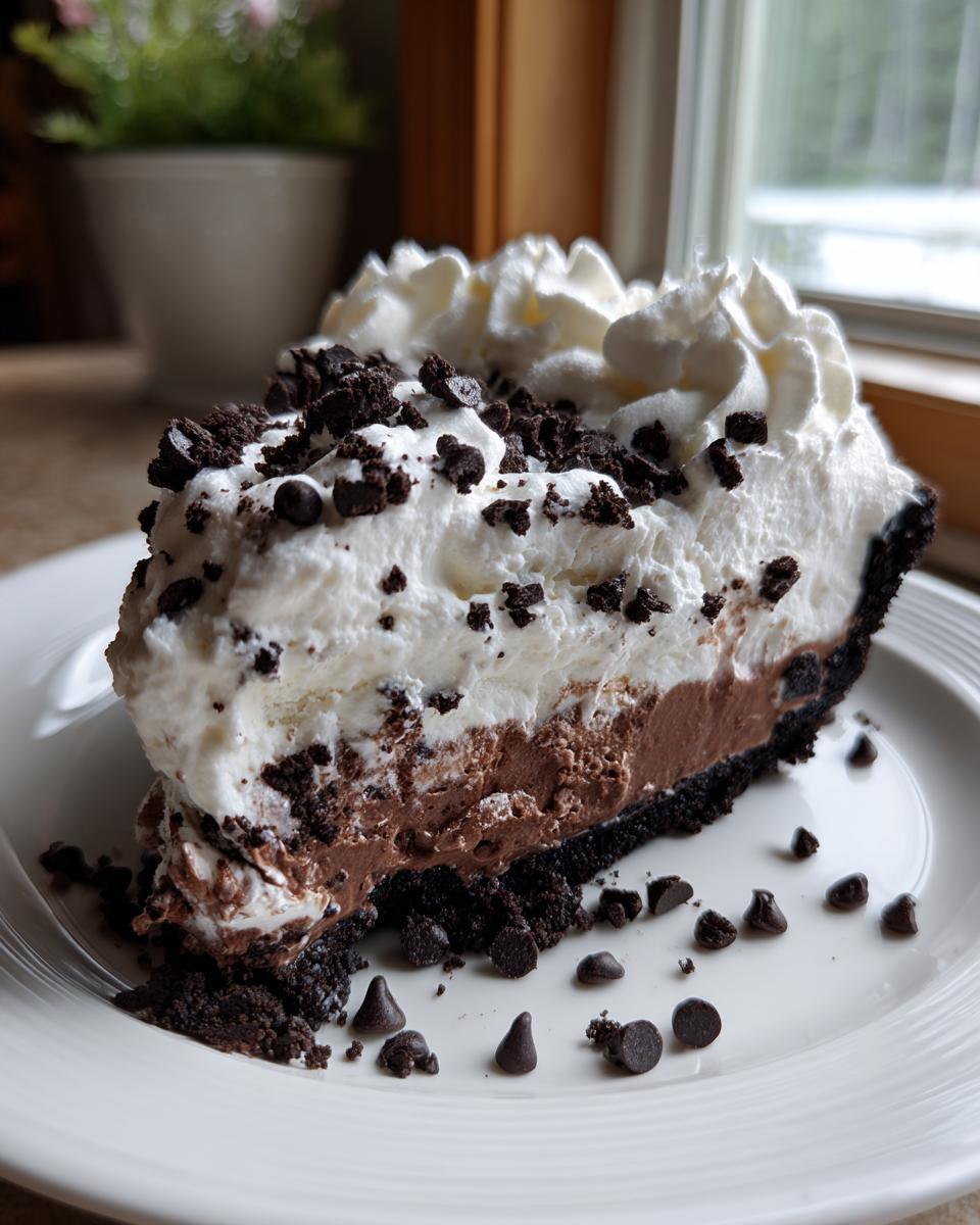 A generous slice of rich 7-layer ice cream pie with chocolate layers, topped with whipped cream and cookie crumbles.