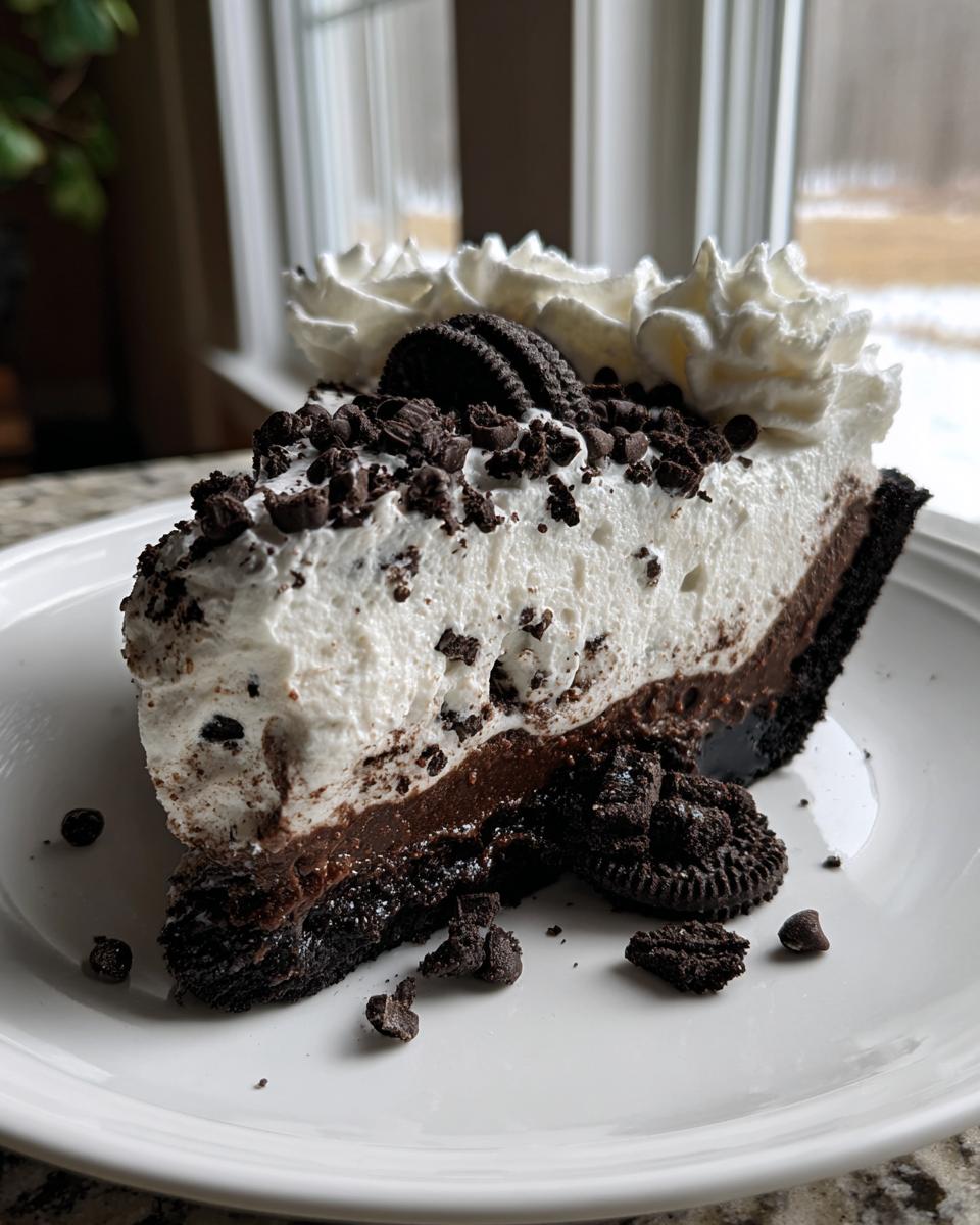 A decadent slice of 7-layer ice cream pie featuring chocolate layers, whipped cream, and Oreo crumbles.