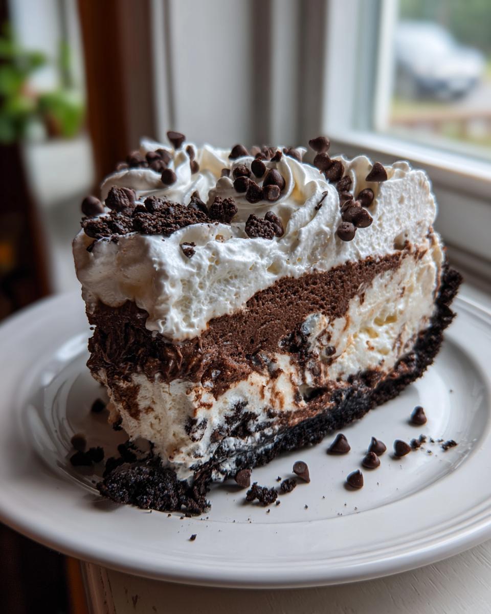 A tall slice of rich, layered ice cream pie featuring chocolate and vanilla layers, topped with whipped cream and mini chocolate chips.