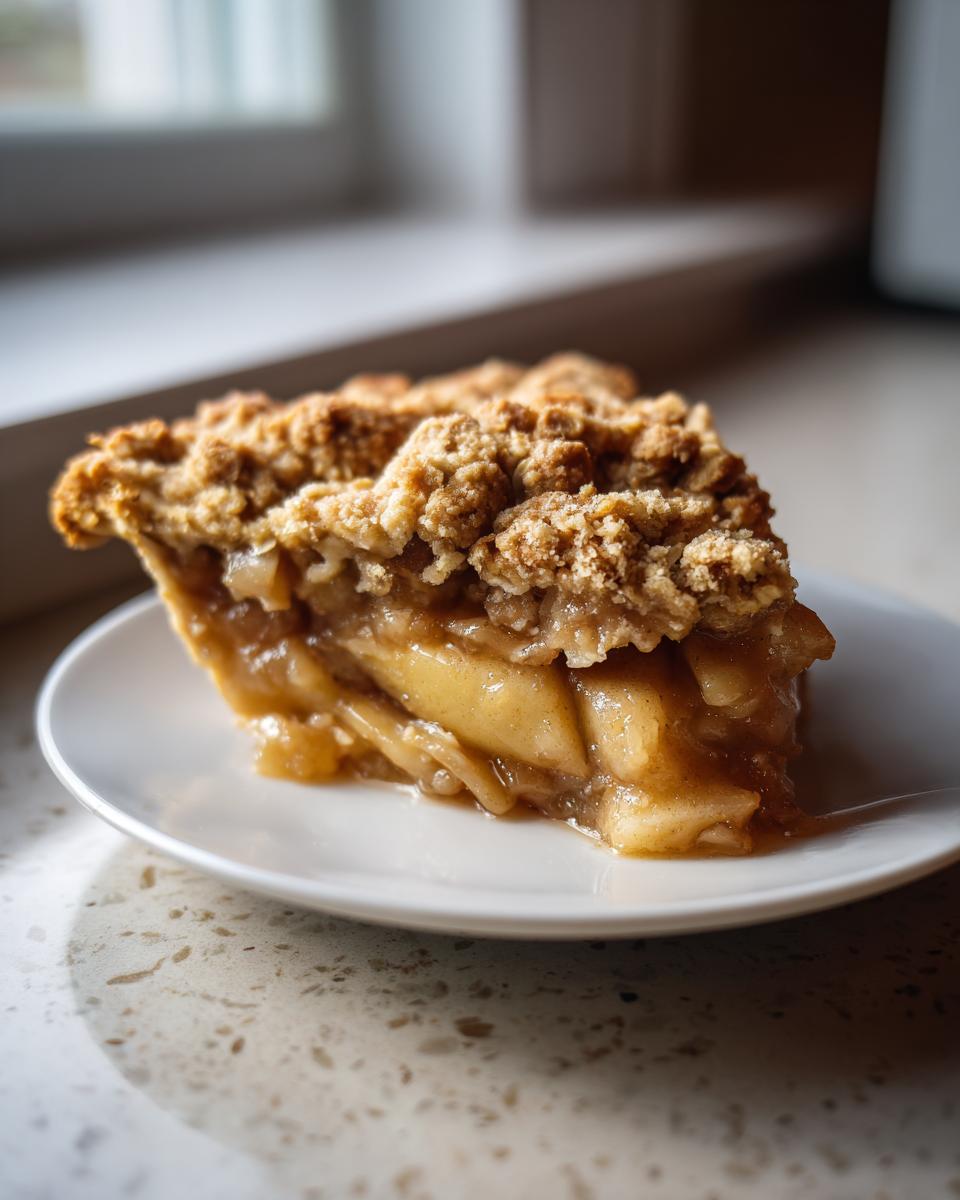 A close-up of a generous slice of apple crisp on a white plate, showing thick apple filling and a golden brown crumb topping.