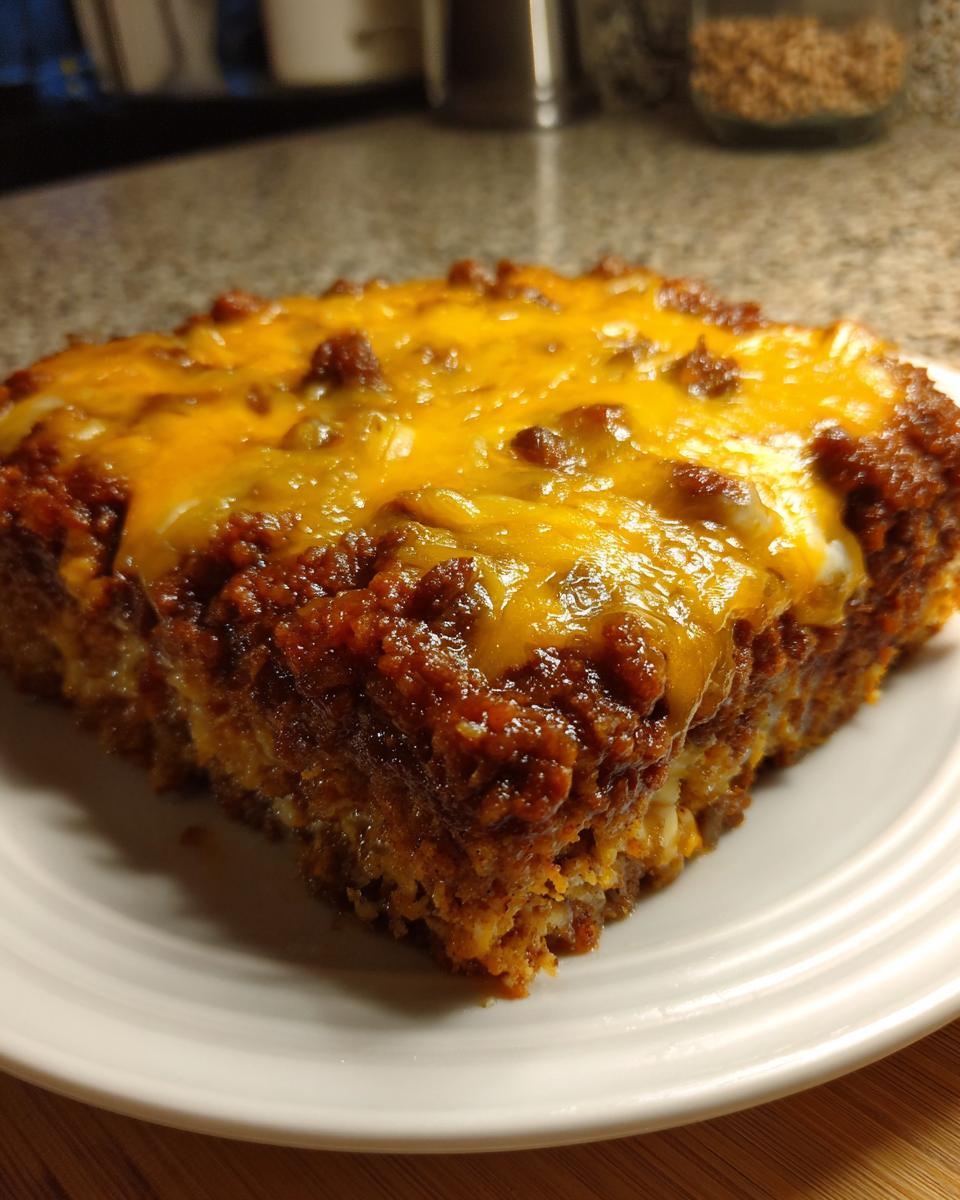 Close-up of a hearty slice of meatloaf casserole topped with melted cheddar cheese, served on a white plate.