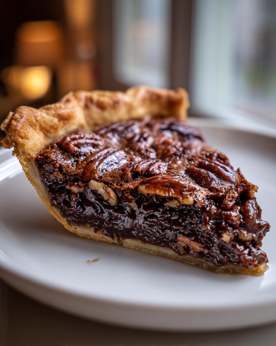 A close-up of a decadent slice of chocolate pecan pie, showing the flaky crust and glossy pecan topping.