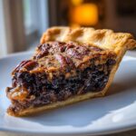 A close-up of a decadent slice of chocolate pecan pie showing the gooey filling and whole pecans on top.