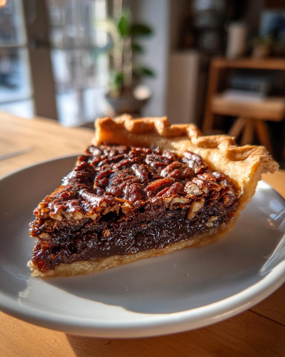 A close-up, sunlit slice of rich chocolate pecan pie with a flaky crust, served on a white plate.