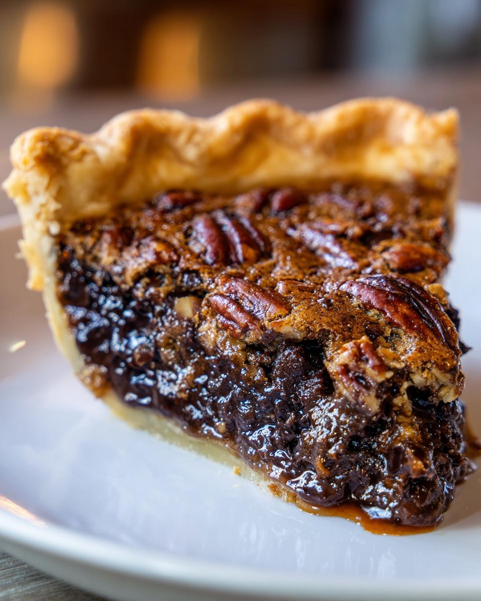 Close-up of a decadent slice of chocolate pecan pie showing the gooey filling and whole pecans on top.