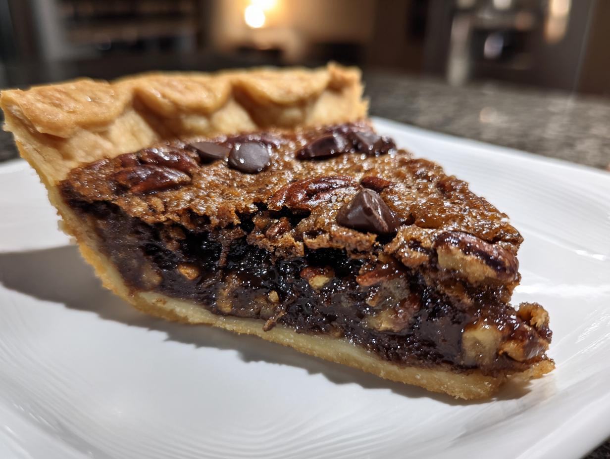A close-up of a decadent slice of chocolate pecan pie showing the flaky crust, gooey filling, pecans, and chocolate chips.