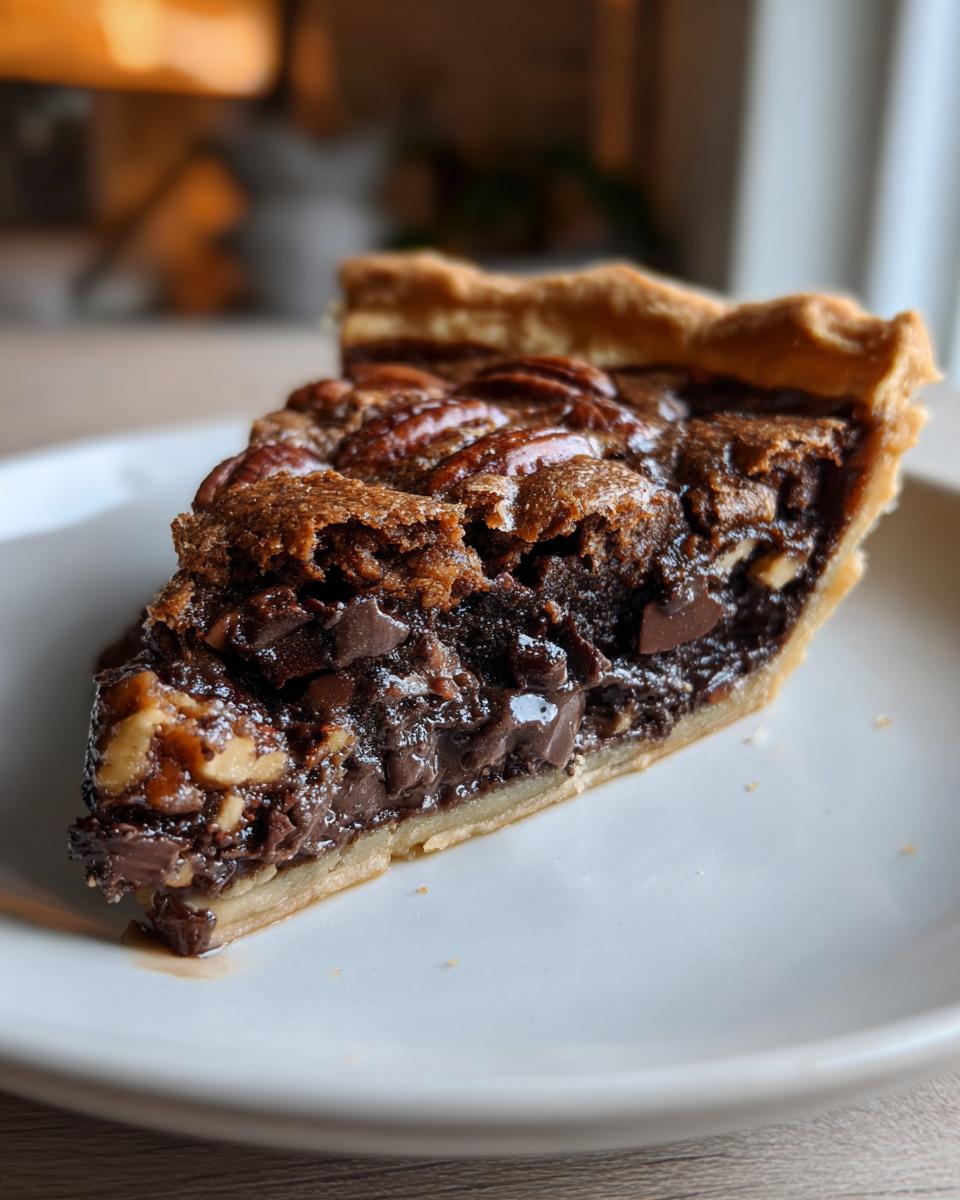 Close-up of a slice of chocolate pecan pie showing the flaky crust, gooey chocolate filling, and whole pecans on top.