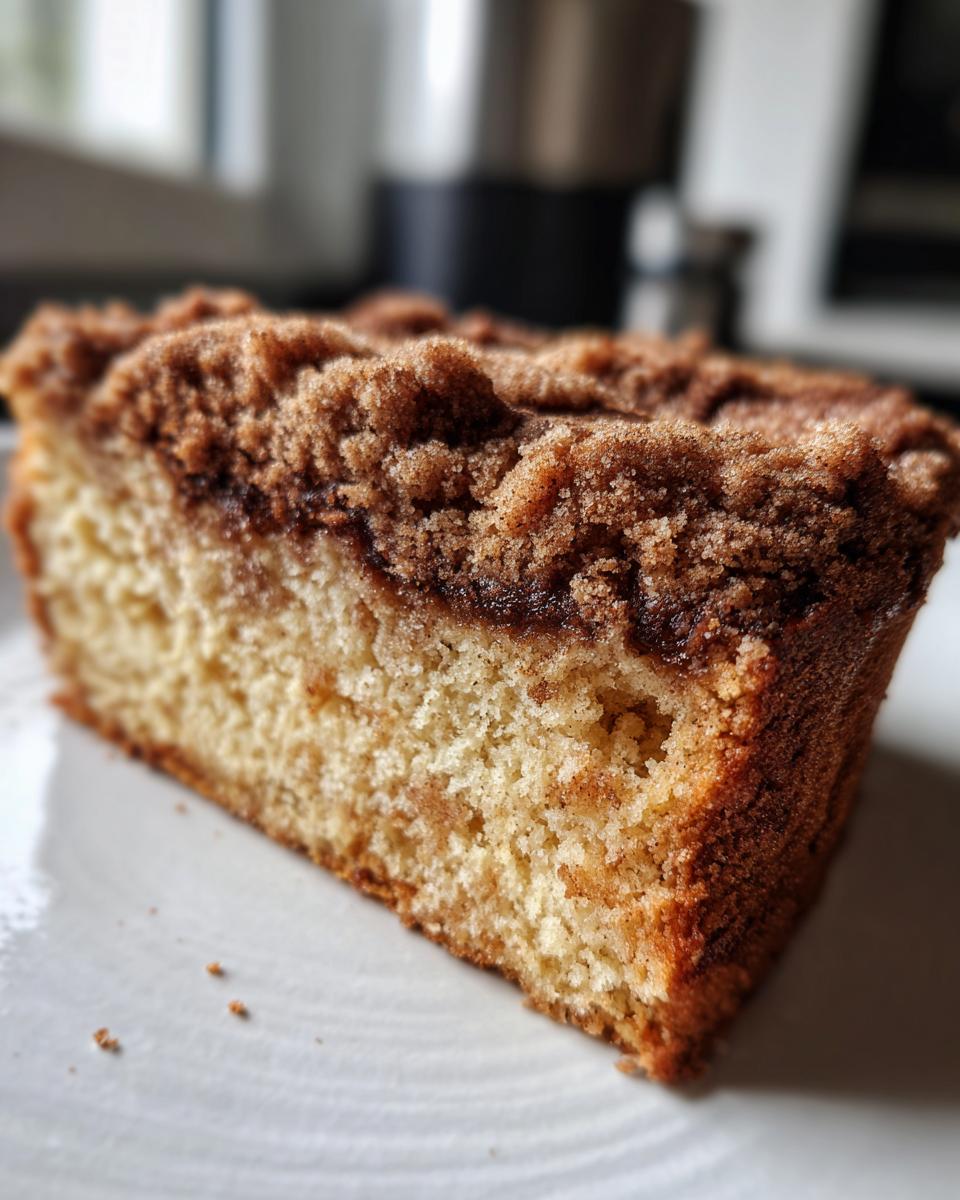 Close-up of a moist slice of coffee cake featuring a thick, sugary cinnamon crumb topping.