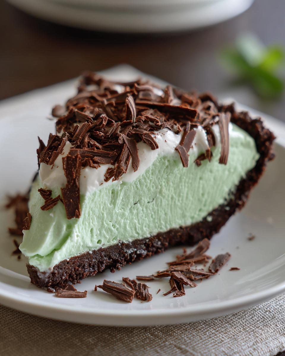 A close-up of a slice of bright green grasshopper pie with a dark chocolate crust, topped with whipped cream and chocolate shavings.