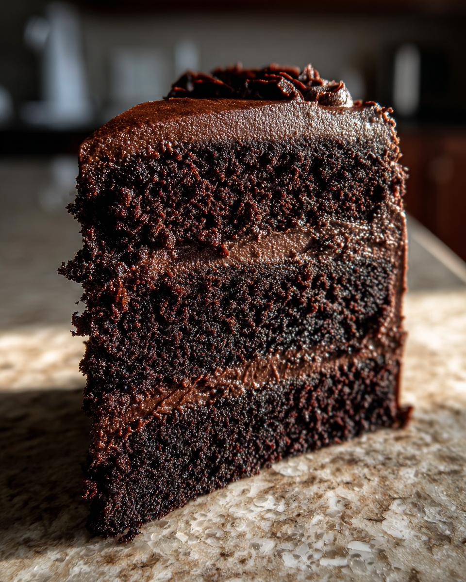 Close-up of a rich, dark slice of homemade chocolate cake showing two layers of moist crumb and chocolate frosting.