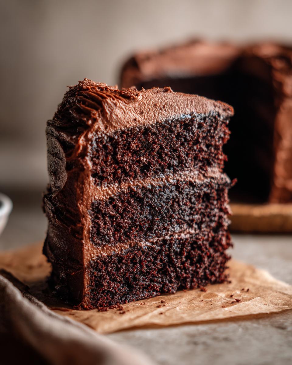 A close-up of a thick slice of homemade chocolate cake with three dark, moist layers and rich chocolate frosting.