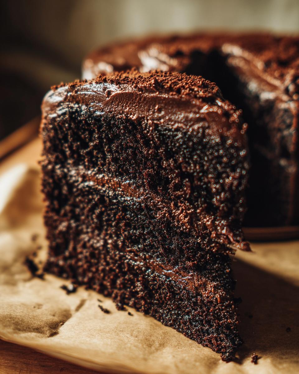 Close-up of a rich, dark slice of homemade chocolate cake with thick, glossy frosting.