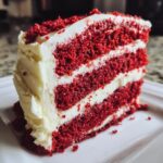 A tall, moist slice of red velvet cake showing three layers of deep red cake separated by thick white cream cheese frosting.