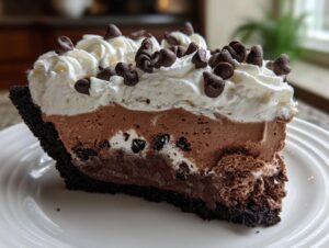 A decadent slice of 7-layer ice cream pie featuring a dark crust, chocolate mousse layers, whipped cream, and mini chocolate chips.