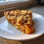 A close-up, appetizing slice of apple crisp with a thick, gooey apple filling and crunchy oat topping.