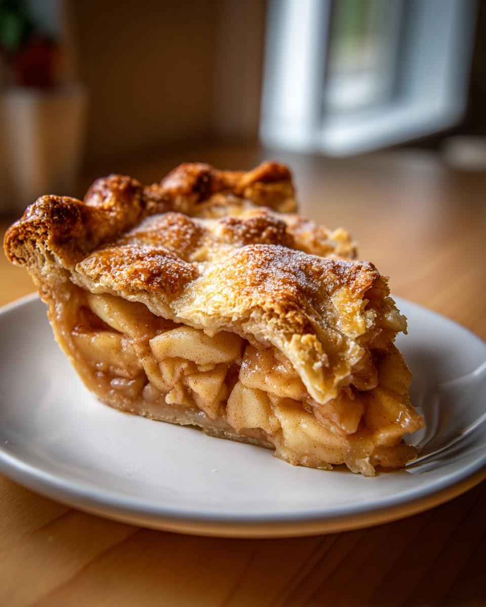 A close-up of a thick slice of apple pie showing the flaky, sugared crust and cinnamon-spiced apple filling.