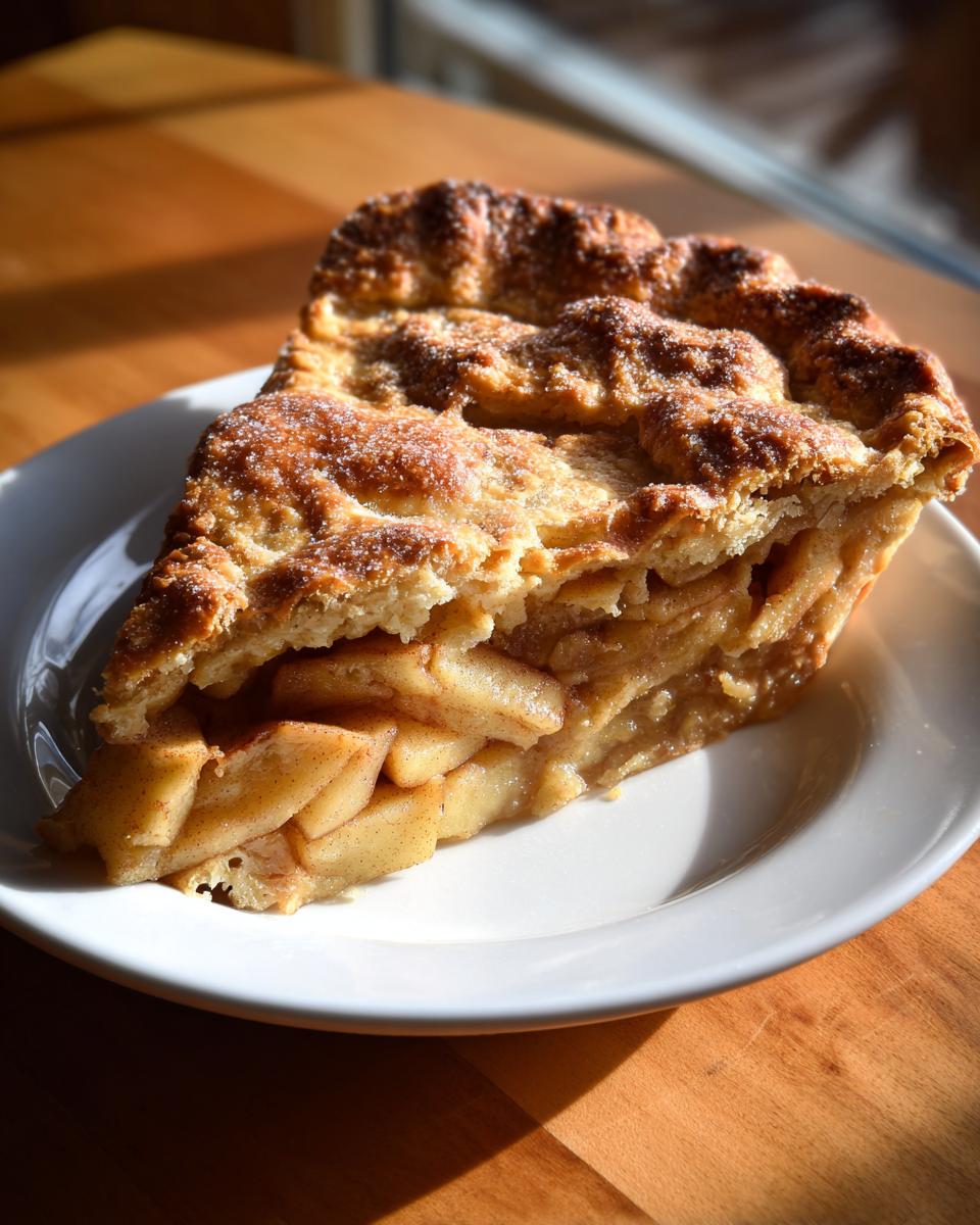 A close-up of a thick slice of apple pie showing flaky crust and spiced apple filling.