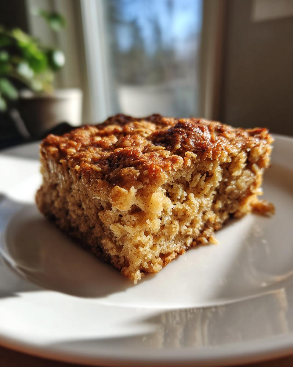 A square slice of golden brown baked oatmeal with a slightly crisp top, served on a white plate in natural light.