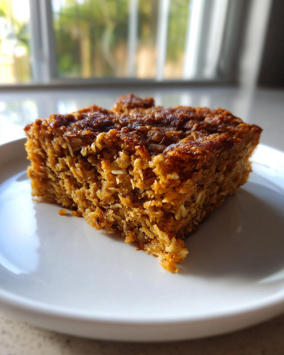 Close-up of a square slice of moist, golden brown baked oatmeal served on a white plate.