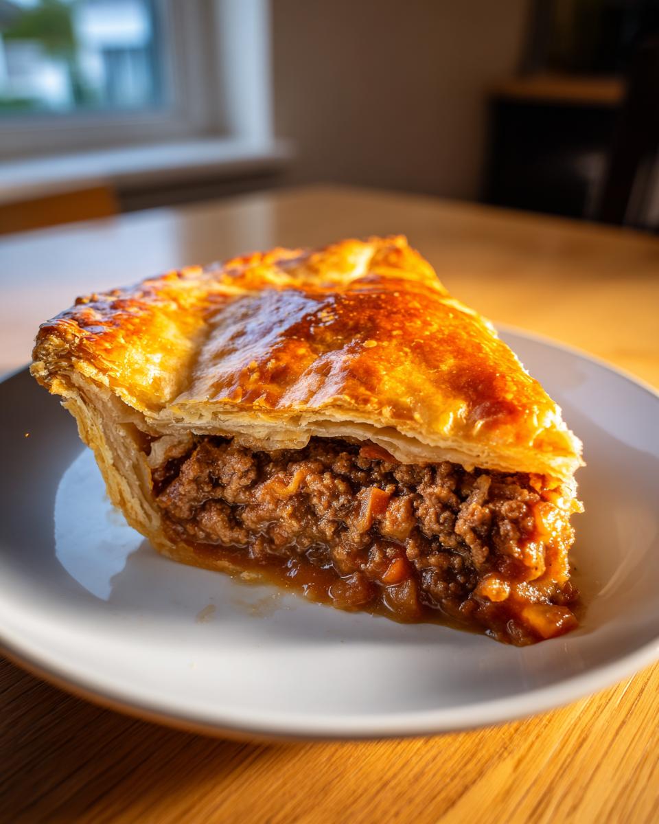A close-up of a thick slice of meat pie showing rich, savory filling and a golden, flaky pastry crust.