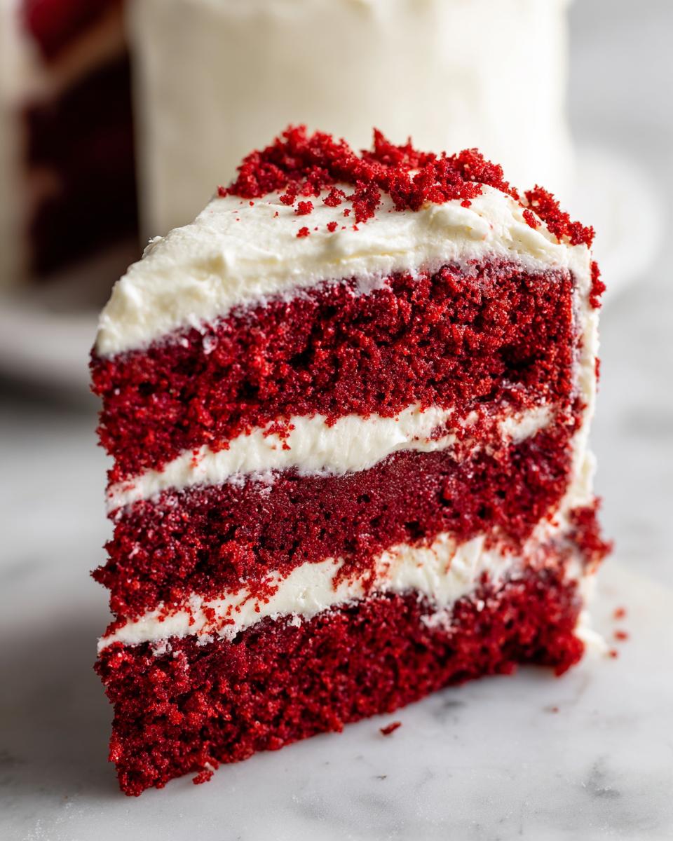 Close-up of a moist slice of red velvet cake showing three layers of deep red cake and white cream cheese frosting.