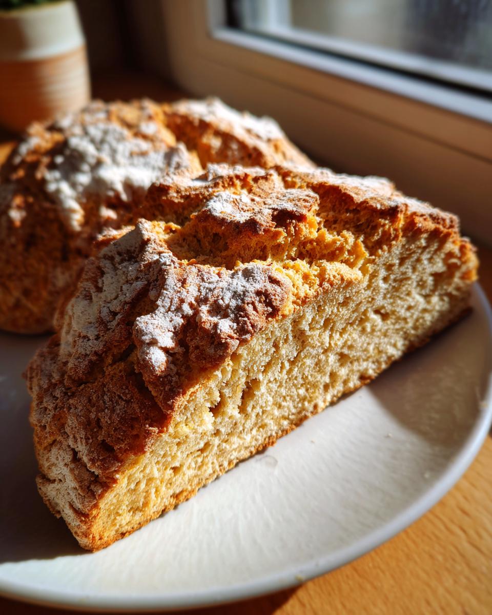 Close-up of a thick slice of golden brown soda bread, dusted with flour, sitting on a white plate.