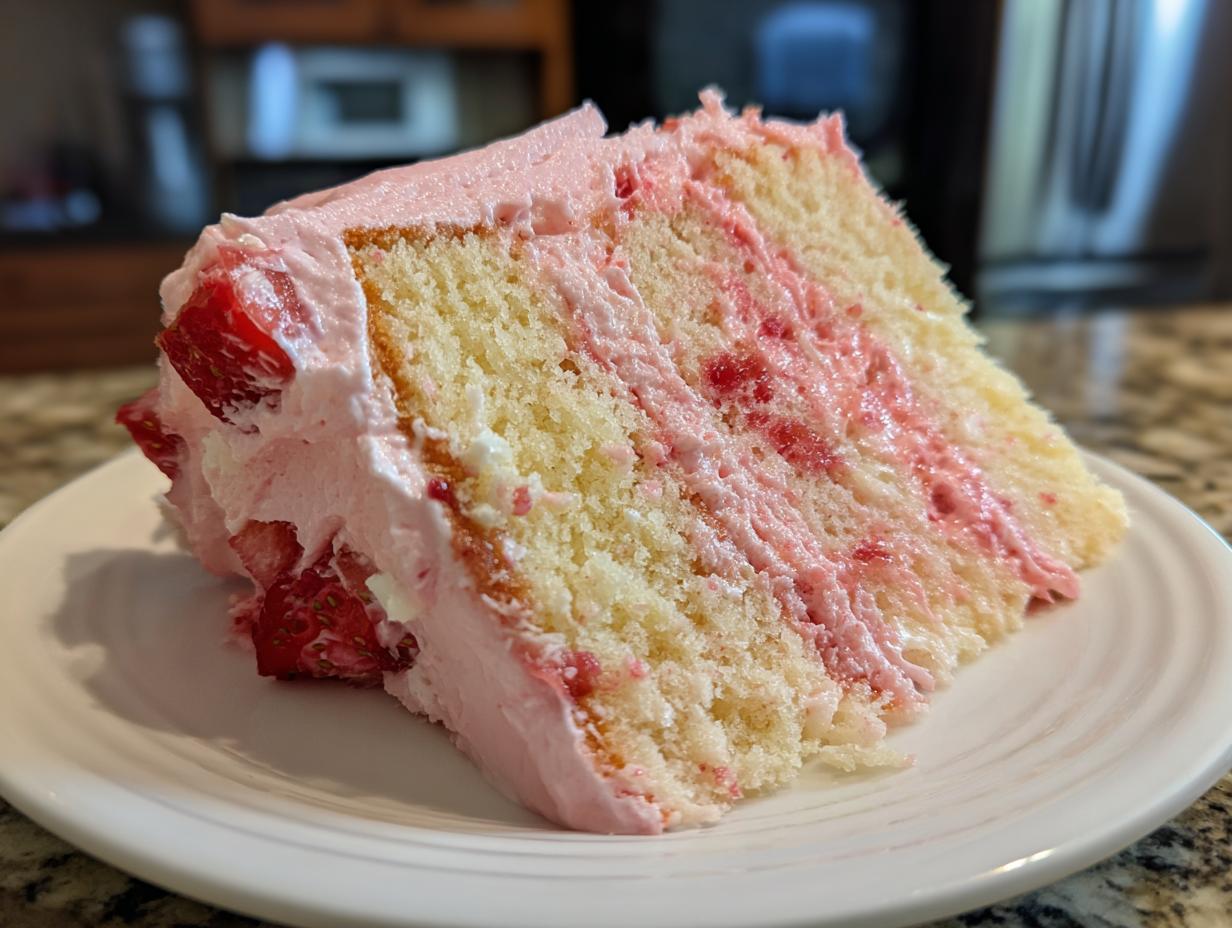 Close-up of a moist slice of strawberry cake with layers of vanilla sponge and pink strawberry filling/frosting.