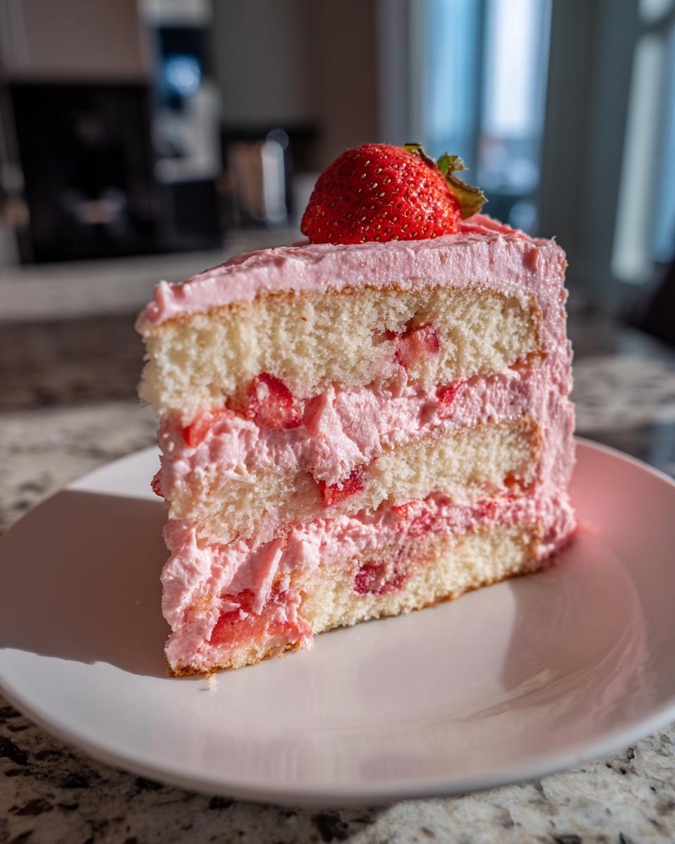 A tall slice of moist strawberry cake with pink frosting and fresh strawberries, ready to eat.