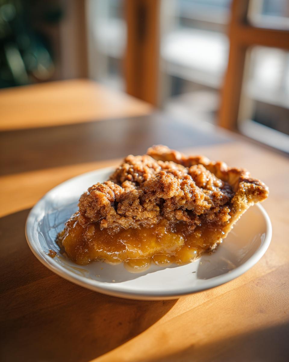 A close-up of a slice of pecan pie cobbler recipe with a gooey filling and thick, brown sugar crumb topping.