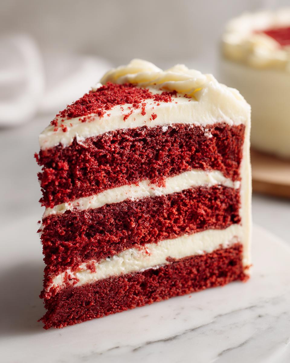 Close-up of a tall slice of red velvet cake with three layers of deep red cake and cream cheese frosting.
