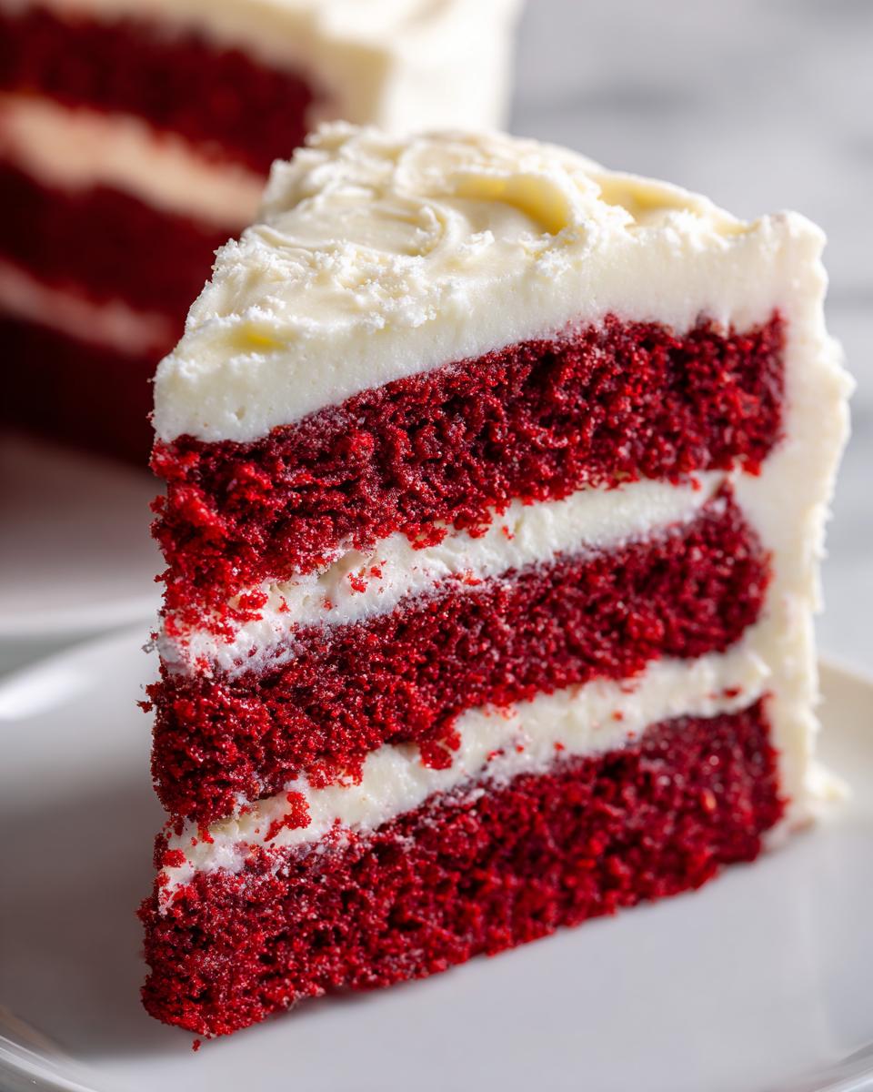 Close-up of a tall slice of red velvet cake showing three vibrant red layers separated by thick white frosting.