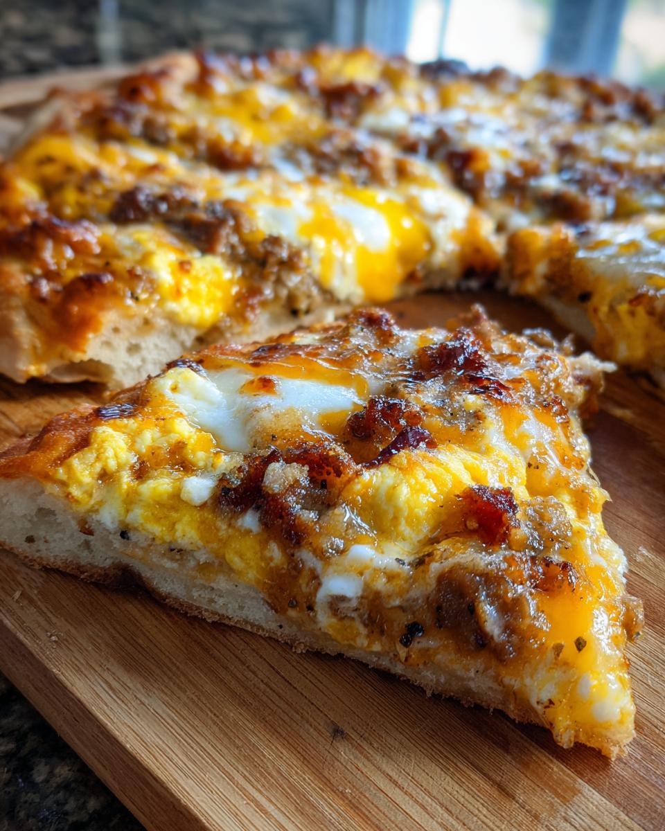 A close-up slice of sausage gravy breakfast pizza topped with eggs and cheese, resting on a wooden cutting board.
