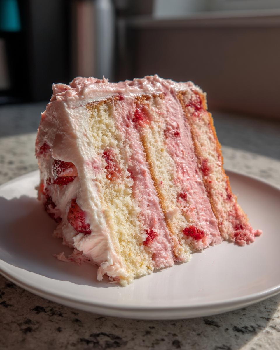 A tall, moist slice of strawberry cake with layers of yellow sponge and pink strawberry filling, sitting on a white plate.