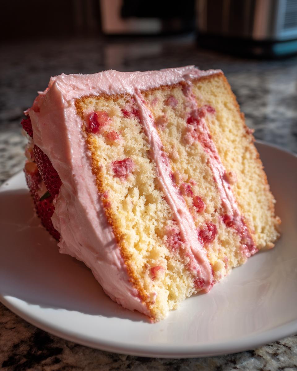 Close-up of a moist slice of strawberry cake with three layers, pink strawberry frosting, and visible berry pieces.