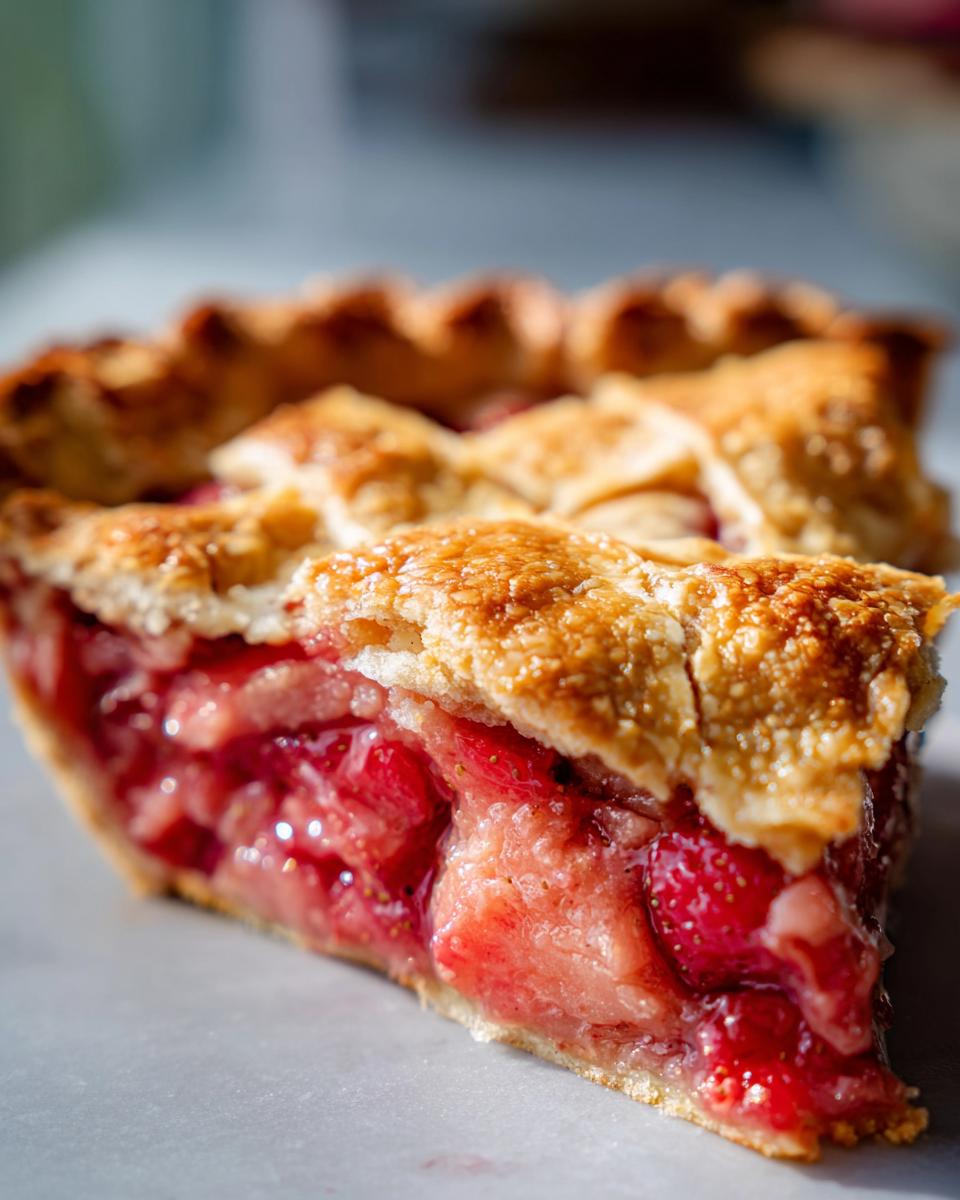 Close-up of a thick slice of strawberry rhubarb pie showing juicy filling and golden lattice crust.