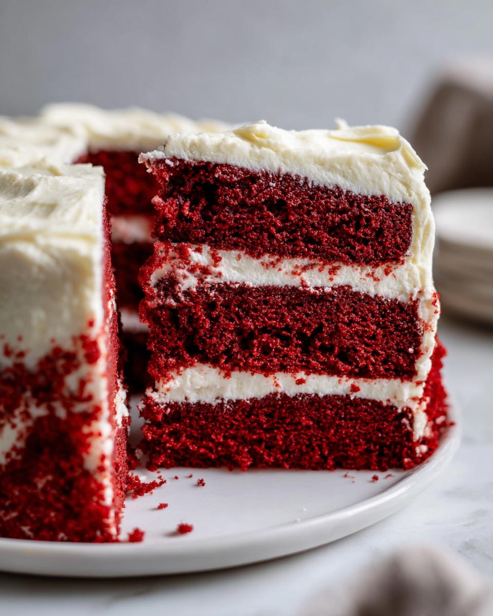 Close-up of a thick slice of moist, three-layer red velvet cake with white cream cheese frosting filling and topping.