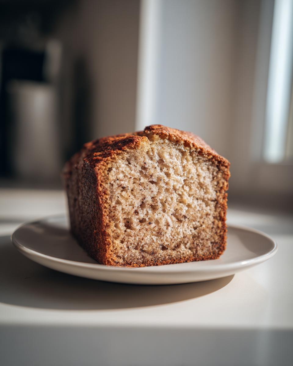 A close-up of a thick slice of moist vegan banana bread resting on a small white plate.