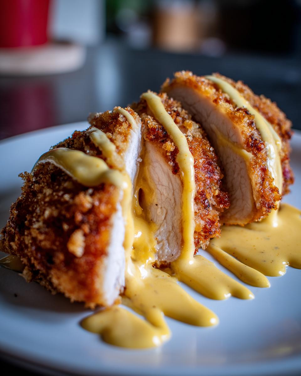 Close-up of sliced chicken cordon bleu with crispy coating and melted cheese sauce drizzled over it.