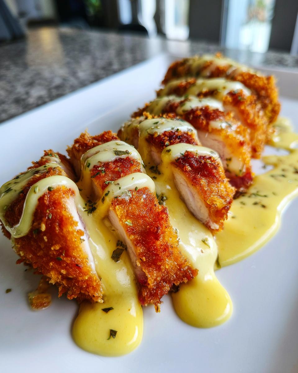 Close-up of sliced, breaded chicken cordon bleu drizzled with a rich yellow sauce and herbs.