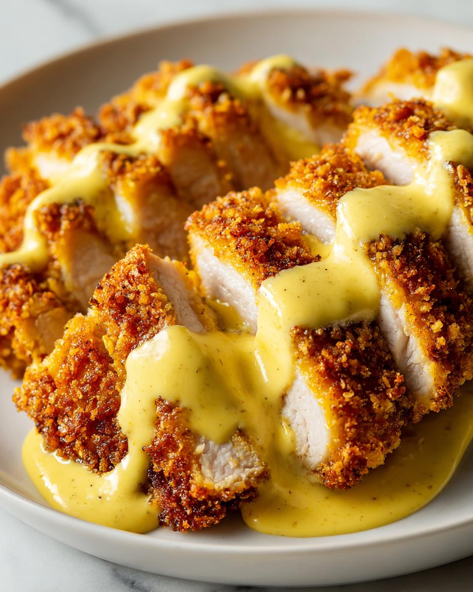 Close-up of sliced, breaded chicken cordon bleu drizzled generously with a rich, yellow cream sauce.