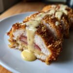 Close-up of sliced chicken cordon bleu showing crispy coating, ham, cheese filling, and yellow sauce.