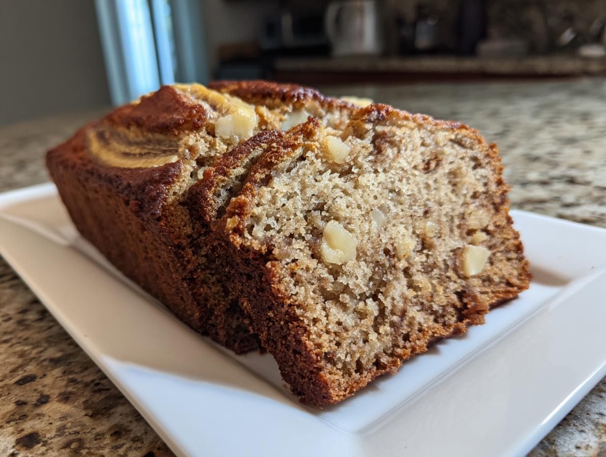 A loaf of freshly baked hawaiian banana bread, sliced to show the moist interior and macadamia nuts.
