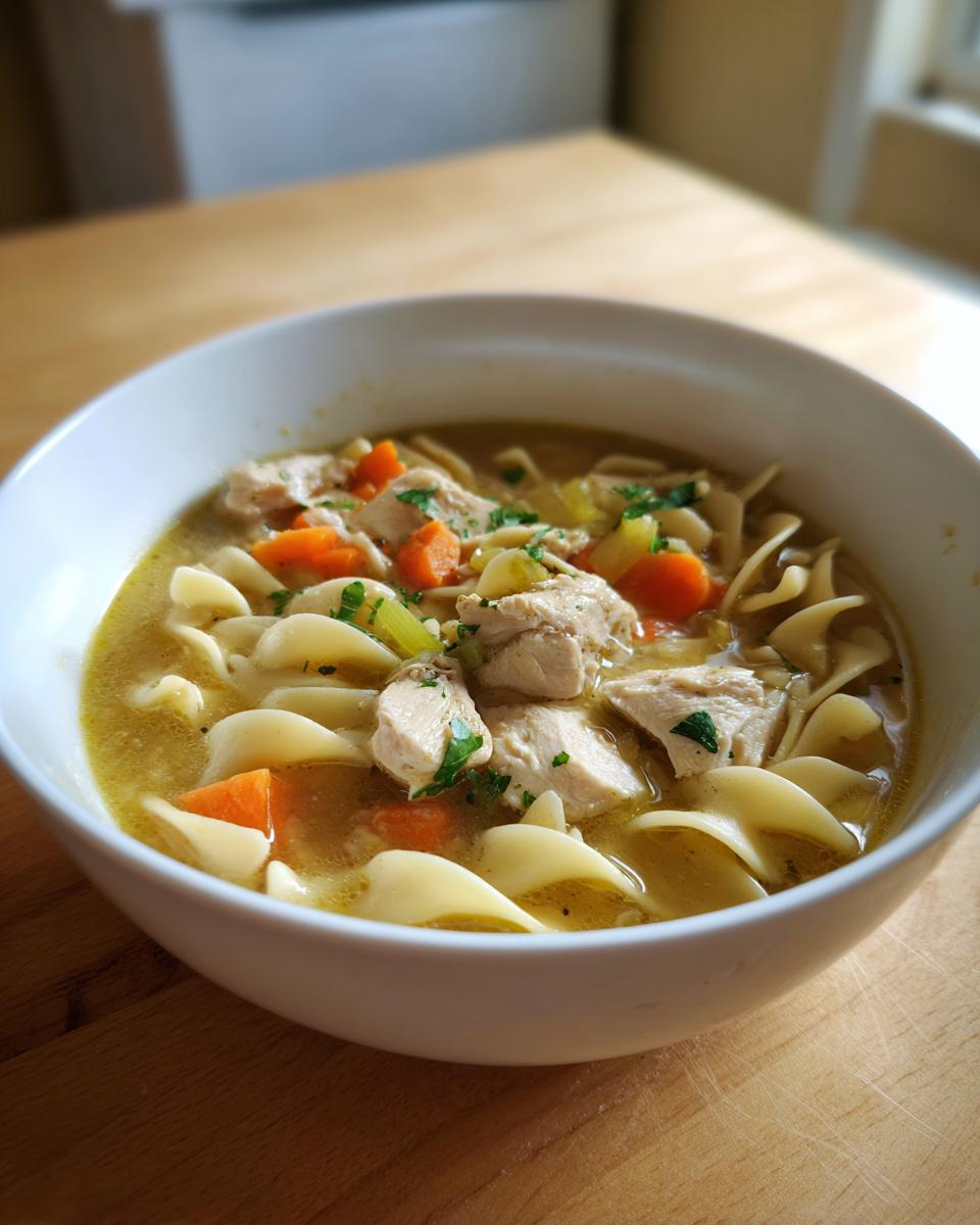 A close-up of a white bowl filled with rich slow cooker chicken noodle soup, featuring chunks of chicken, carrots, celery, and wide egg noodles.